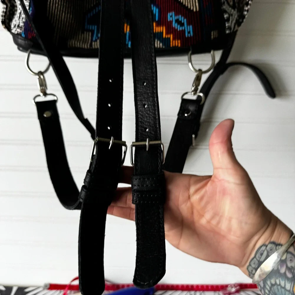 Maria's Artisan Shop Boho Tribal Woven Leather Tote‎ Bag Fringe Backpack - Picture 13 of 14
